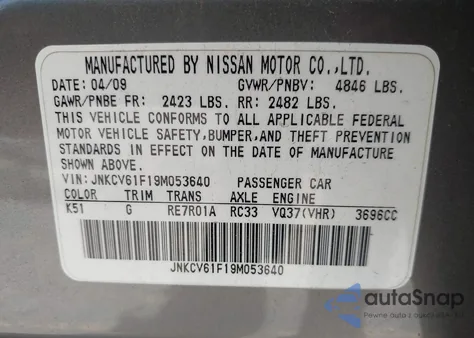 2009 Infiniti G37X z USA, uszkodzony, nr VIN JNKCV61F19M053640
